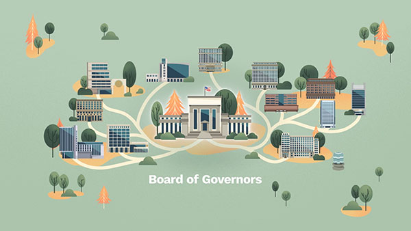 Federal Reserve System buidlings: Board of Governors/Eccles Buidling and the 12 Reserve Banks