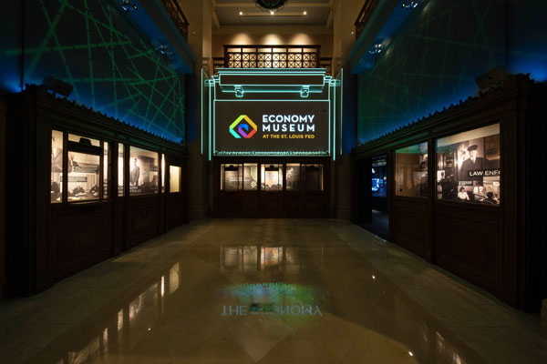 Illuminated entry to Economy Museum at St. Louis Fed