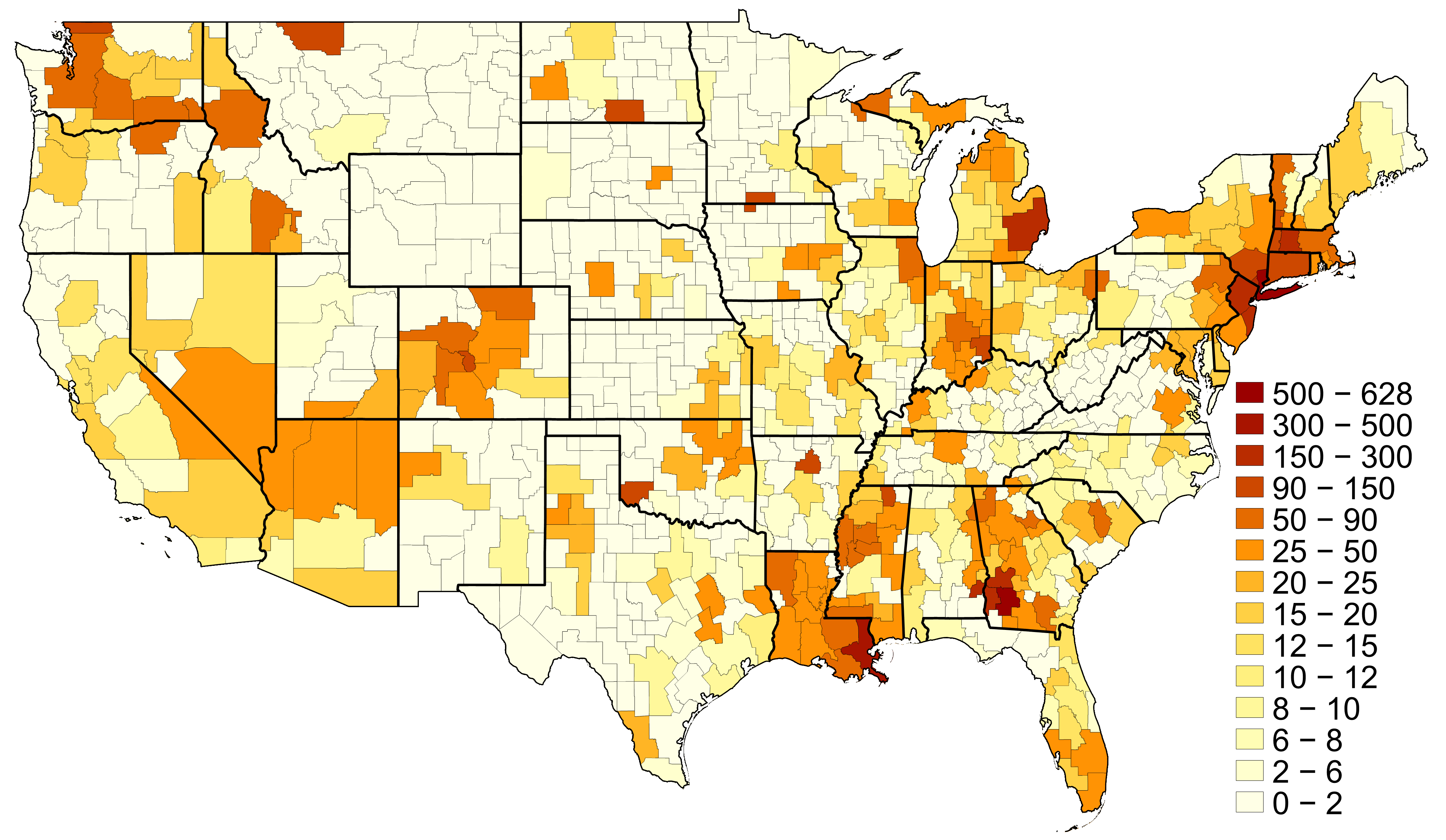 Heat map of the United States showing deaths per million people across u.s. commuting zones