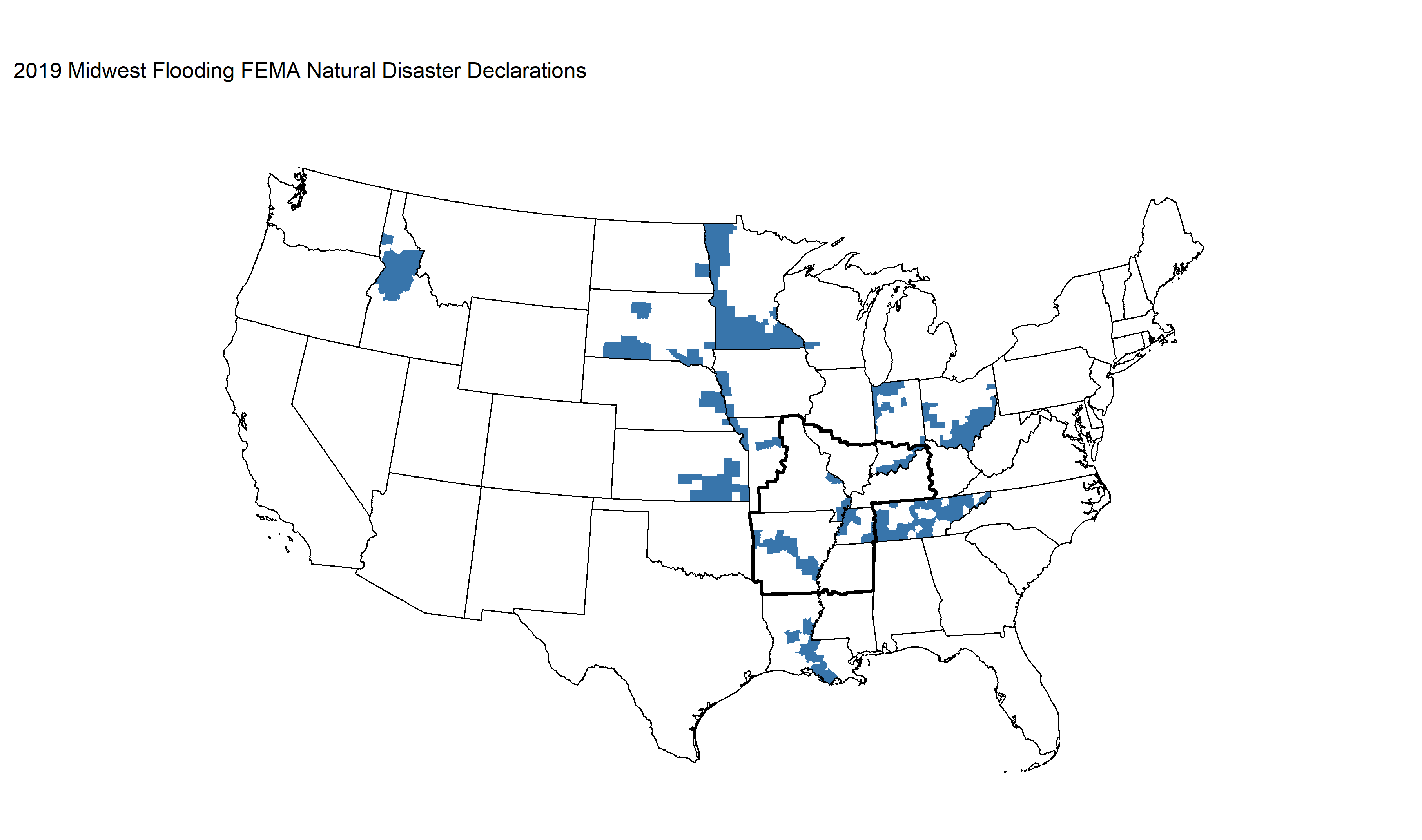 Map of 2019 Midwest FLooding showing FEMA Natural Disaster Declarations