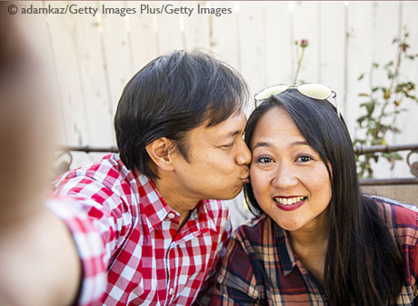 Mature couple smiling, taking selfie