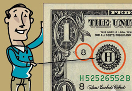 Illustration of dollar bill with 8 and H circled
