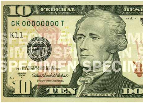 Specimen of 10 dollar bill featuring Alexander Hamilton