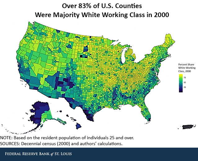 This figure shows the share of each county that was white working class in 2000. 