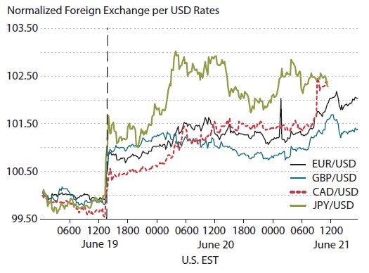 Figure showing levels of USD exchange rates relative to their value of 100