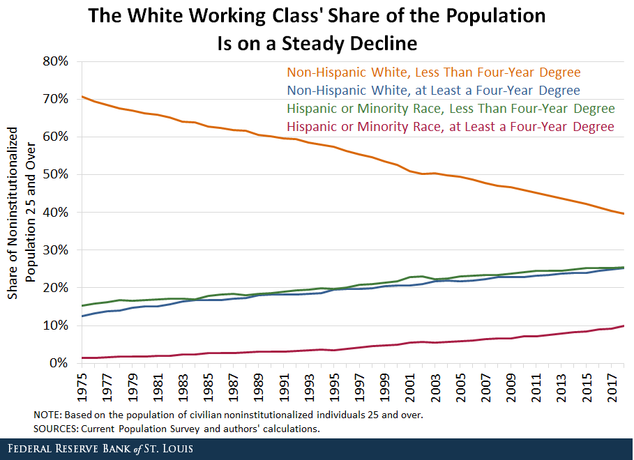 This line graph shows the changing shares of the U.S. population for various groups between 1975 and 2018.