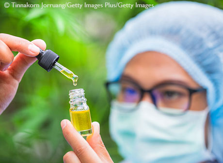 Portrait of scientist with mask, glasses and gloves researching and examining hemp oil in a greenhouse.