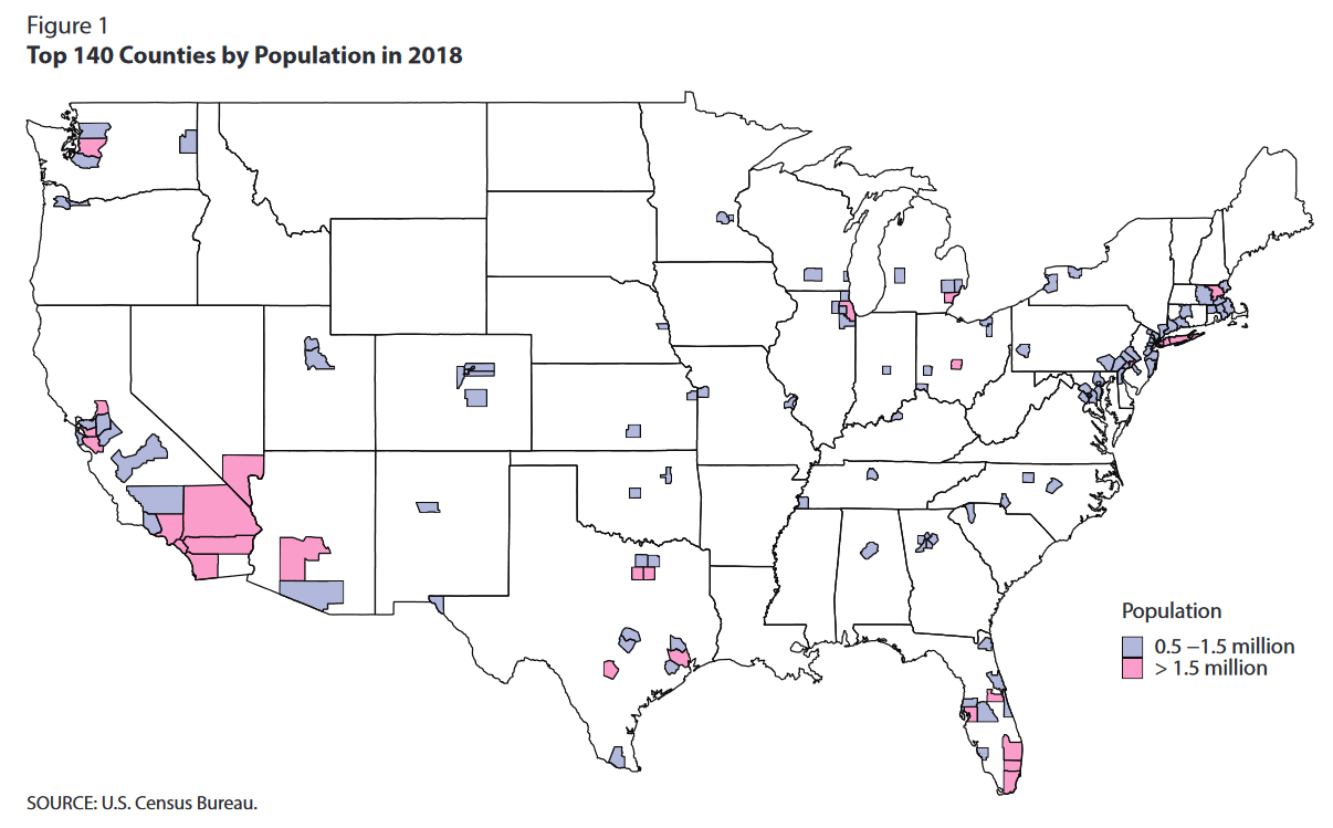Map of US showing top 140 Counties by Population in 2018 