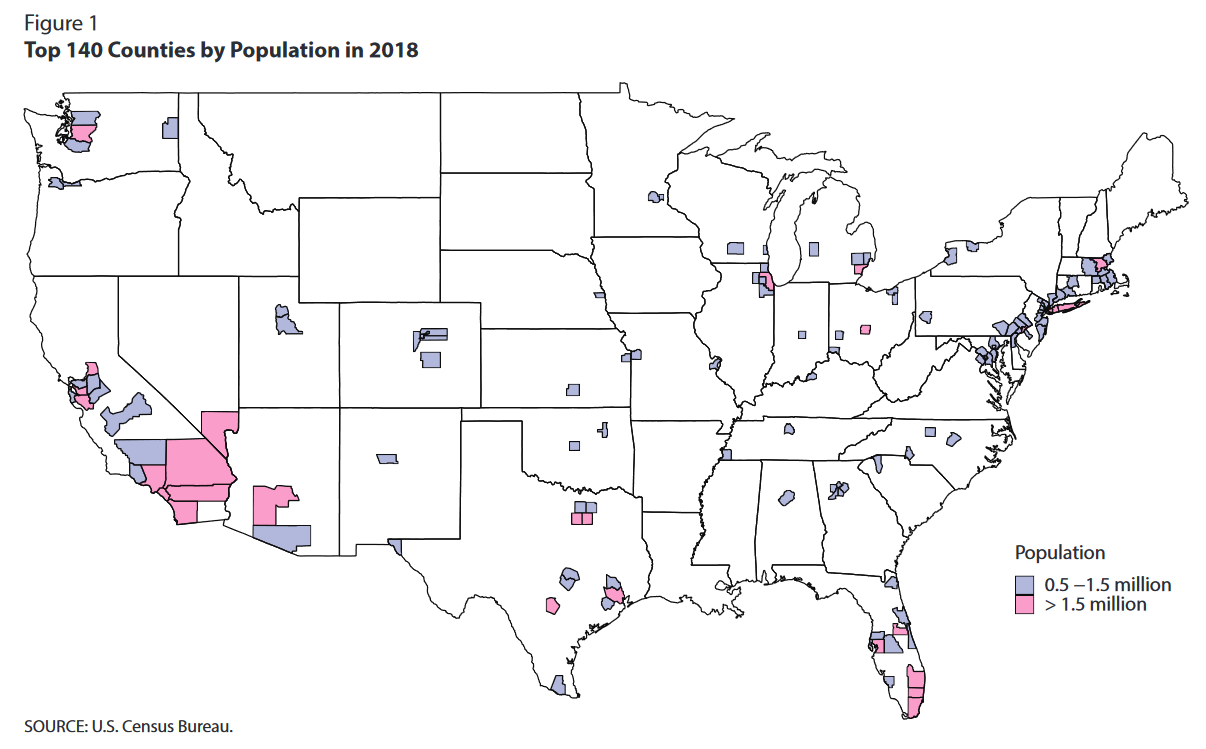 Map of US showing top 140 Counties by Population in 2018