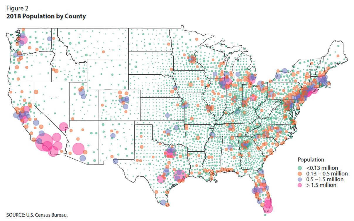 Map of US showing 2018 population by county 