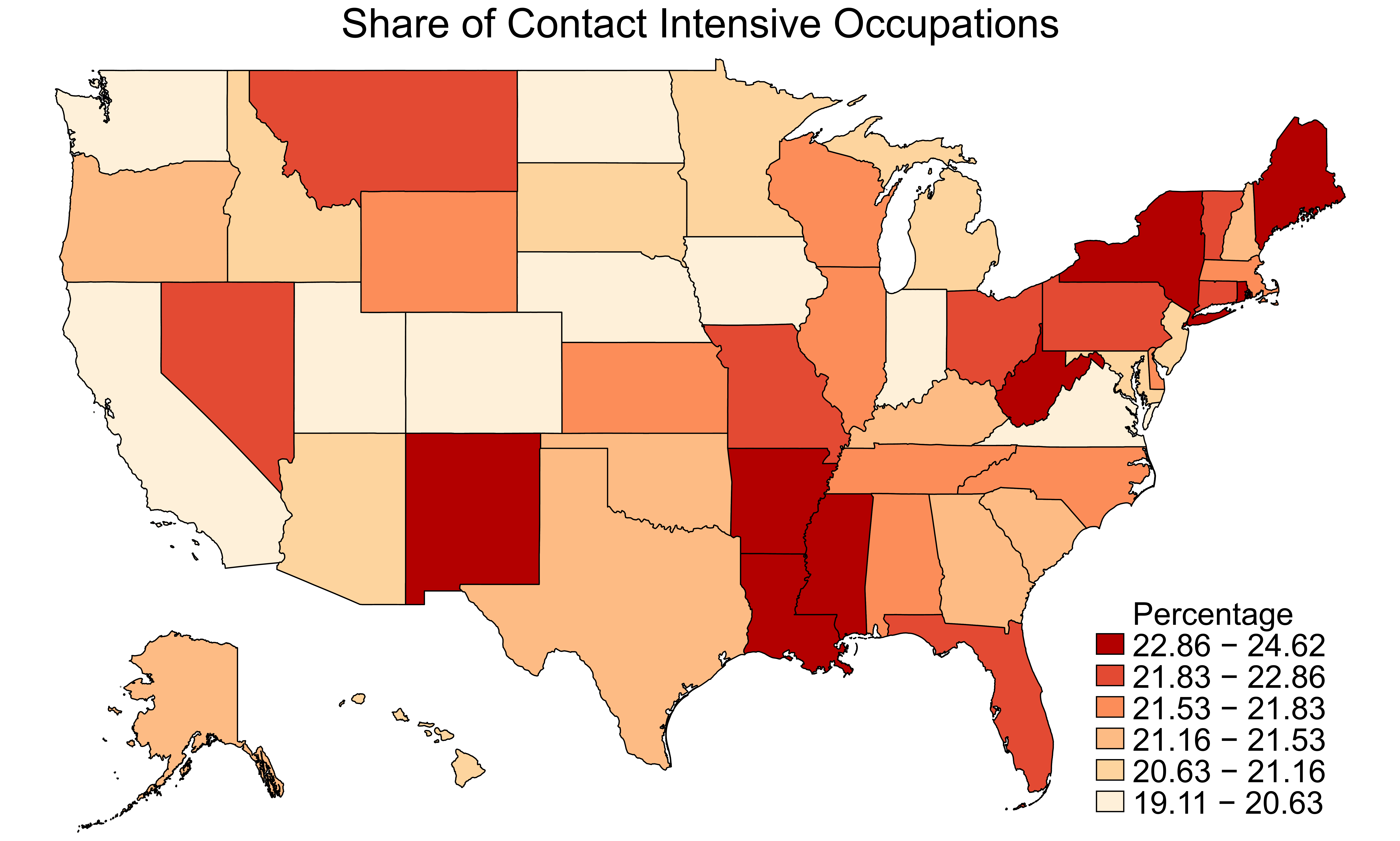 Heat map of the United States showing share of contact intensive occupations by percentage