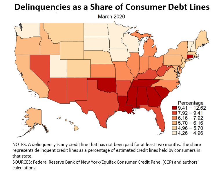 Map of the U.S. showing the share of consumer credit lines delinquent as of March 2020