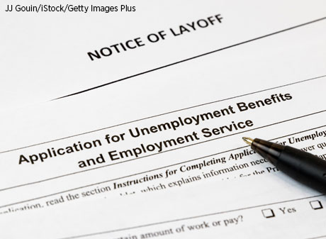 A job layoff notice and an application for unemployment insurance benefits.