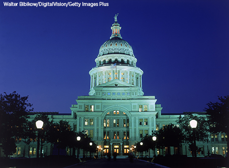 The Texas Capitol in Austin, photographed at night.
