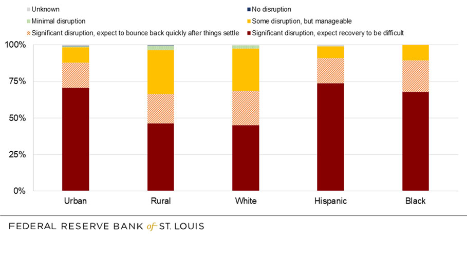 Stacked bar chart showing levels of disruption for rural and white communities