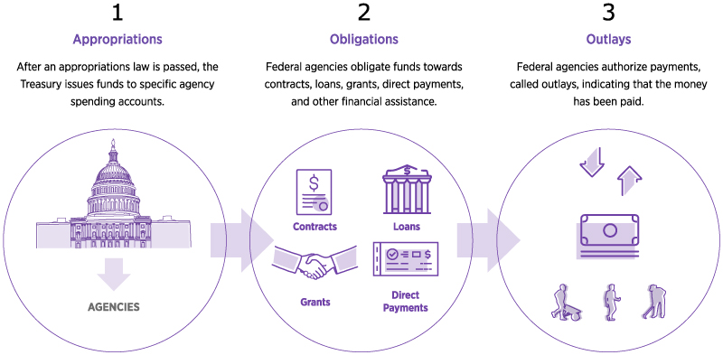 Graphic outlining the federal appropriation process as funds move from Congress, to federal agencies, to the Amerian public