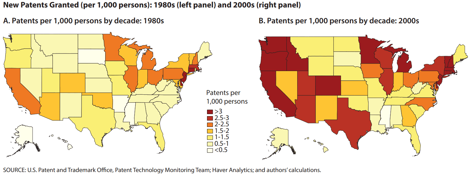 Comparative map sshowing patents per 1,000 persons in the US by decades for the 1980s to 2000s