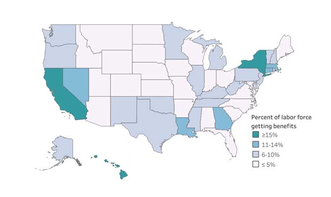 Map of the United States showing the share of the US labor force receiving unemployment benefits in August 2020