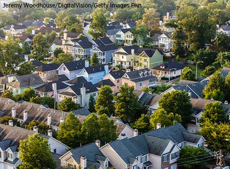 Aerial view of a suburban neighborhood.