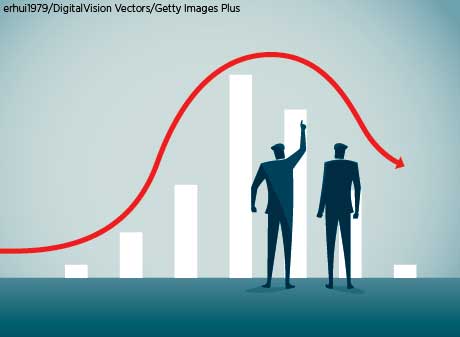 An illustration of two people pointing to rising curve that begins to fall.