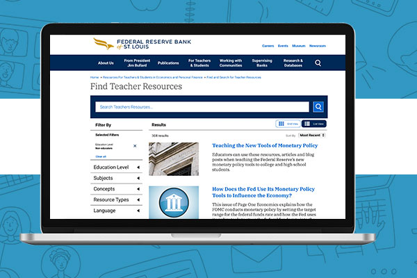 A computer screen shows a web page with St. Louis Fed economic education resources.