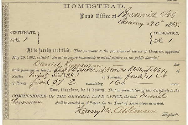 A Homestead Act land claimant’s January 1863 ownership certificate for 160 acres.