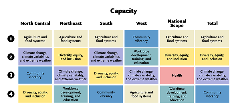 Chart titled "Capacity," with columns titled different U.S. regions, and rows of multicolored boxes of text in each column