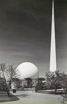 Large sphere- and spire-shaped buildings.