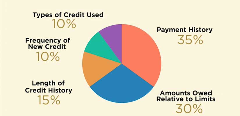Pie chart from Continuing Feducation video on FICO credit score has "Payment History" and "Amounts Owed Relative to Limits" as largest slices.