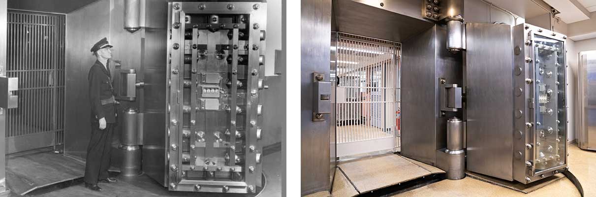Guard and vault door in black and white photo on left and color photo of vault door on right