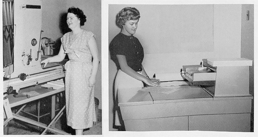 Two women in mid-20th century business dress stand with office machines in black and white photos.