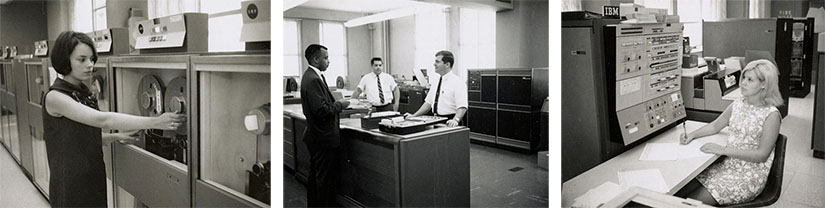 In three black and white photos, from left, a woman stands and operates a machine; three men in ties stand at a counter; a woman writes at a desk in front of a computer.