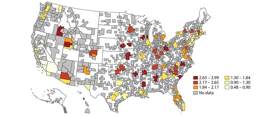 U.S. map of vacancy-to-unemployment ratios, May 2023. Description in article. 