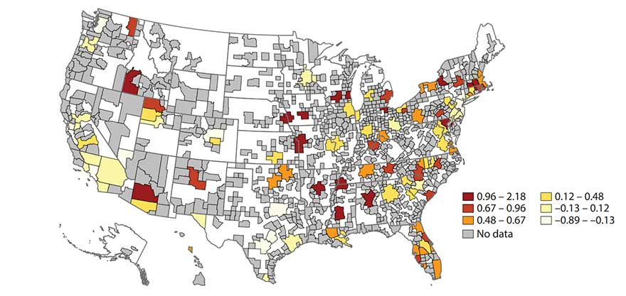 U.S. map showing difference in 2019 and 2023 in vacancy-to-unemployment ratios. Description in article.