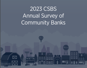 Farm, small town and city skyline illustration with text: 2023 CSBS Annual Survey of Community Banks
