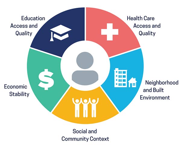 Pie graph slices show five health factors: education, health care, economic stability, neighborhoods, community.