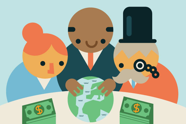 Cartoon woman with red hair, man in suit and man in top hat and monocle all look at globe in center of two piles of cash.