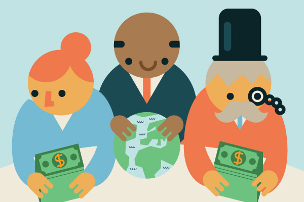 Cartoon woman with red hair, man in suit and man in top hat and monocle all look in different directions as two of them hold cash piles and one holds globe.