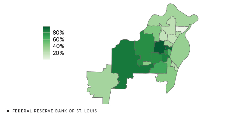 In this map of local school districts, the percentage of high school graduates enrolling in college was highest in central and western St. Louis County, where some districts had more than 80% enrolling. In other parts of the county, less than 20% enrolled.
