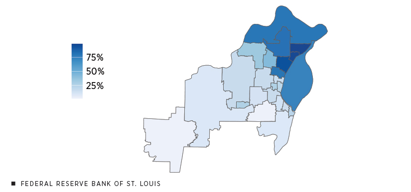 In this map of local school districts, the percentage of Black students was highest in the St. Louis city school district and districts in north St. Louis County, and the share was over 75% in some of those districts. The percentage was lowest in central, western and southern St. Louis counties, where many districts had a share of less than 25%.