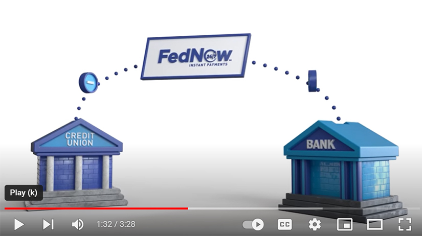 Screenshot of video showing FedNow logo between a credit union and a bank.