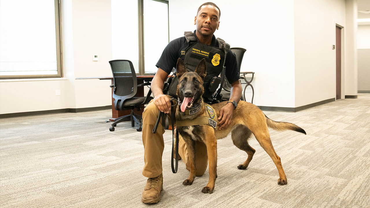 Man in Federal Reserve Law Enforcement vest kneels with a standing brown and black dog with a collar and a harness with a badge.