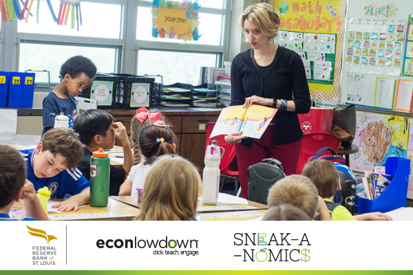 A woman shows a book to a class of elementary students over a banner with St. Louis Fed, Econ Lowdown and Sneak-a-nomics logos.