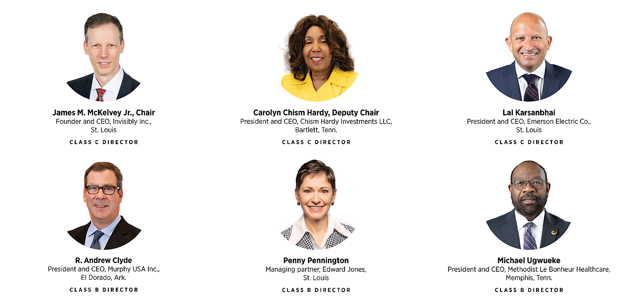 Infographic with headshots of four men and two women in business attire with their names, titles and director class.