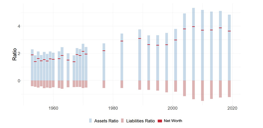 Figure shows assets ratio, liabilities ratio and net worth. Description in article.
