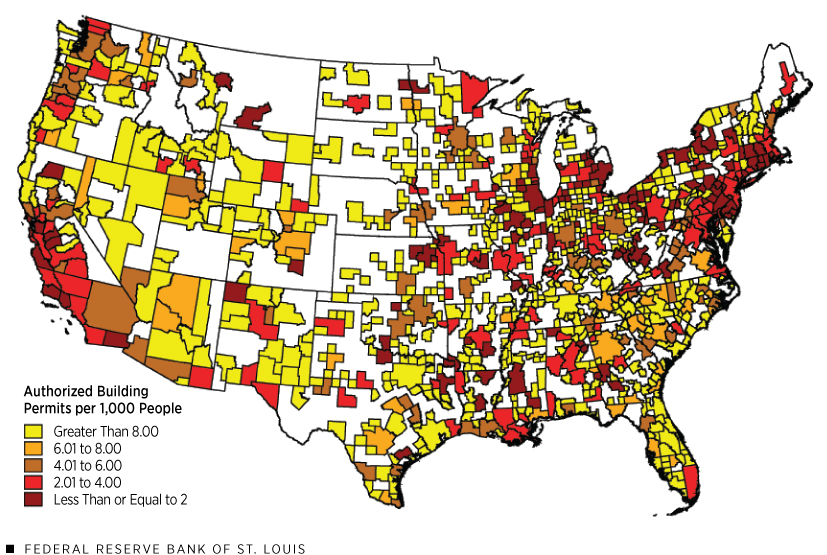 A map of the lower 48 U.S. states shows different levels of building permits adjusted by population. Description follows.
