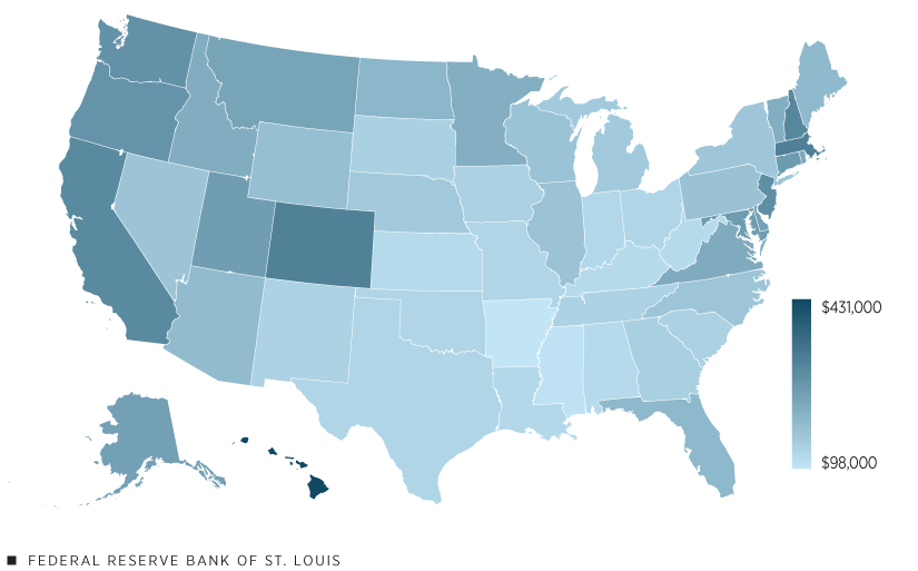 Shaded map of the United States shows median household wealth in 2020 ranging from $98,000 to $431,000, with some states in the South, including Arkansas and Mississippi, at the low end and states in the Northeast and on the West Coast on the higher end of the range.