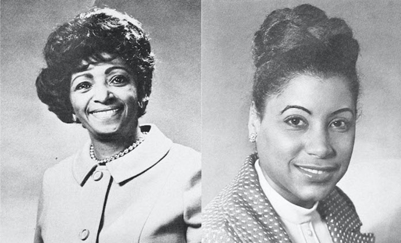 Black and white head and shoulders photos of two women in business attire.