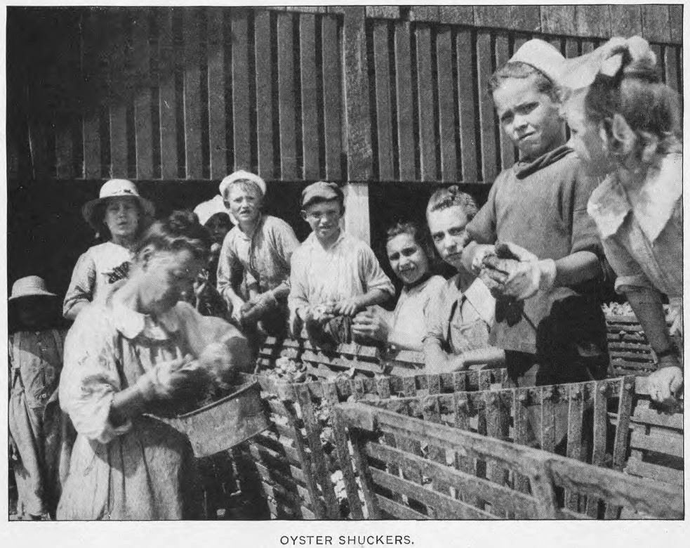 Women and children in period clothing in a black and white photo pry apart oysters while standing around troughs of slatted wood.