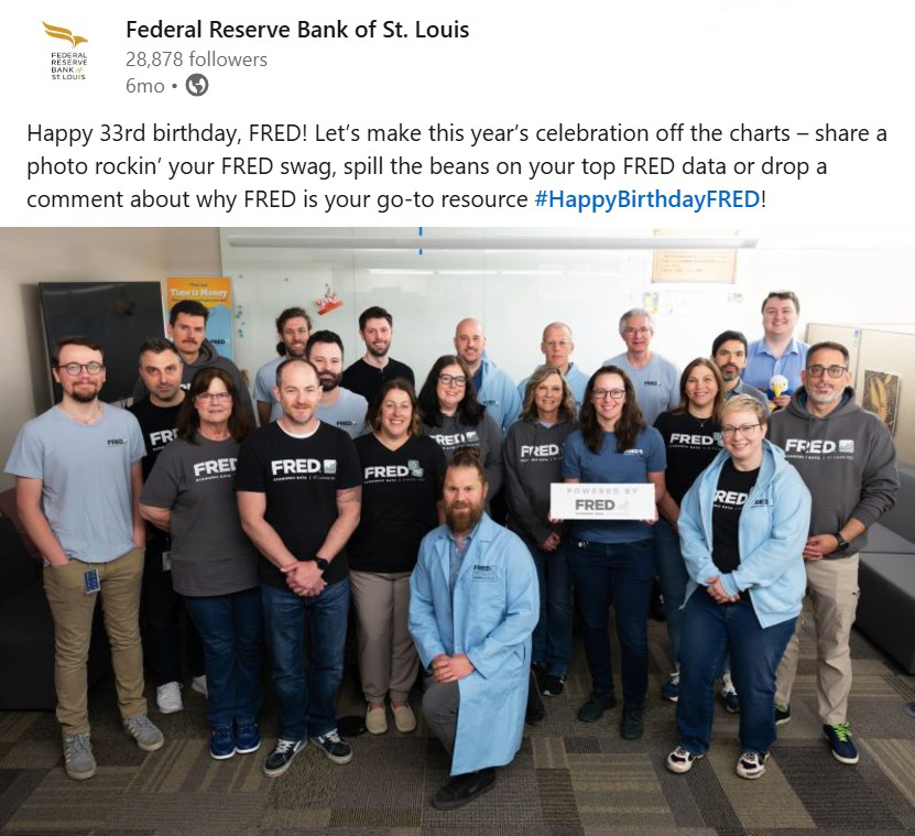 Social media post invites sharing about FRED and shows a group of people in clothing with FRED logo.